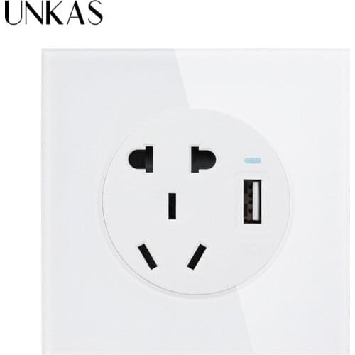 UNKAS Crystal Glass Panel 10A Wall Outlet Universal 5 Hole Power Socket With USB Fast Charging Port DC 5V 2.1A
