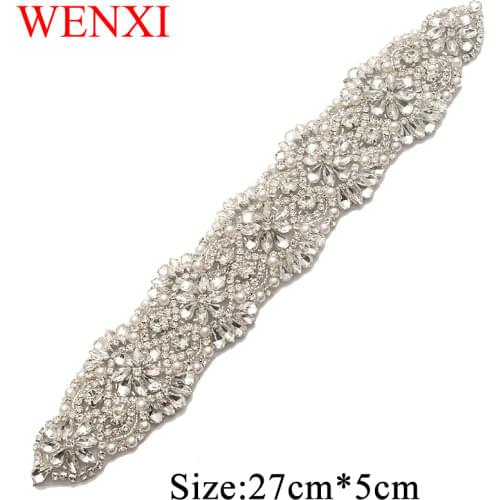 WENXI 5PCS Hand Beaded Bride Gown Sash Crystal Rhinestone Applique Patch Iron On For Dresses Headband DIY WX832