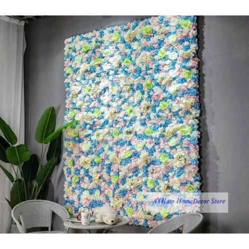 Bright Green Blush Rose Lake Blue Silk Flower Panel Artificial Flower Green Leaf 3D Wall Background Wedding Photo Background