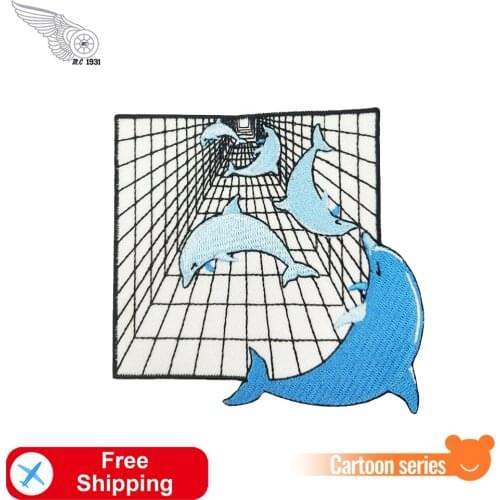 Trapped Dolphins Embroidered Patch Iron on for Clothing Cute Applique Cartoon Patches Backpack Badge Custom Design Free Shipping