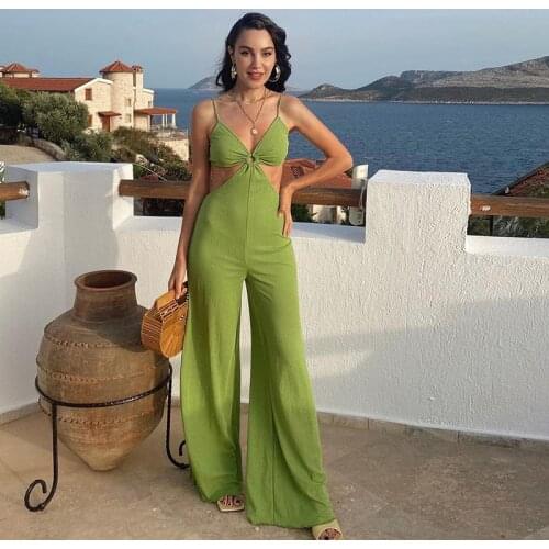 European and American Womens Clothing 2021 Summer New Solid Color Splicing Sling Wrapped Chest Wooden Ear High Waist Jumpsuit
