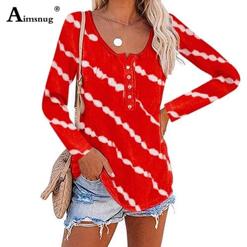 Aimsnug Plus Size Women Fashion Stripes T-shirt Long Sleeve Button Tees Shirt Latest Autumn Tops Streetwear Femme Clothing 2021