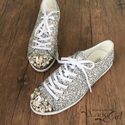 Womens Round Toe Rhinestones Crystal Diamond Flats Lace Up Skateboard Shoes Sequins Bling Low Top New 2021 5Colors