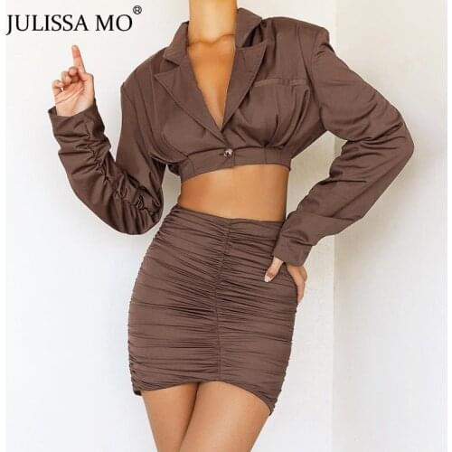 JULISSA MO Autumn Fashion Two Piece Dress Sets 2021 Womens Long Sleeve Ruched Bodycon Skirts Crop Tops Suit Femme Sexy Outfits