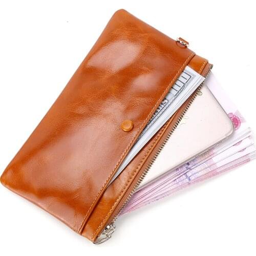Cowhide Leather Woman Wallet With Hand Rope New Arrivals Long Vintage Female Zipper Purse Small Mobile Phone Pocket Hot Sales