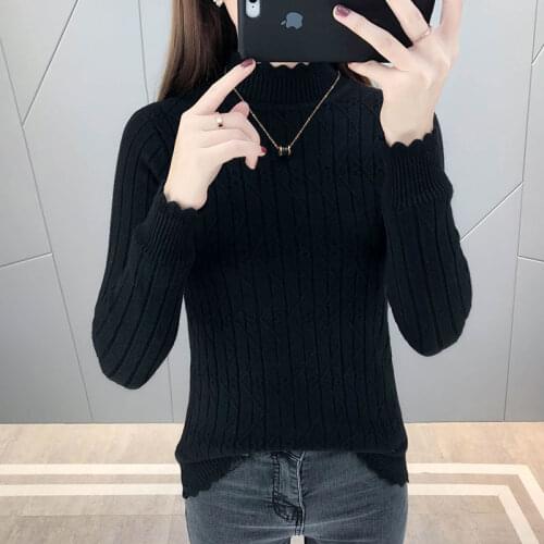 Womens 2021 Autumn Winter Thick Plus Velvet Knitted Sweater Female Fashion Half Turtleneck Loose Base Knitwear Sweater Top W911