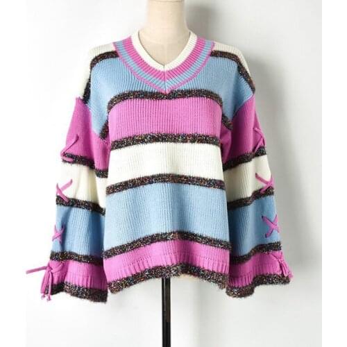 Sweet Sweater Lace Up Flare Sleeve Color Block Stripes Lurex Knitted Pullover Loose Casual Cute Women Jumper