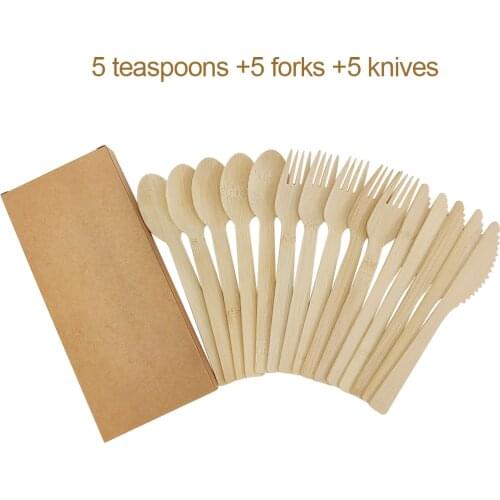 15PCS Zero Waste Bamboo OutdoorHome Travel Portable Utensils High Quality Eco-friendly Knives Spoon Fork with Box