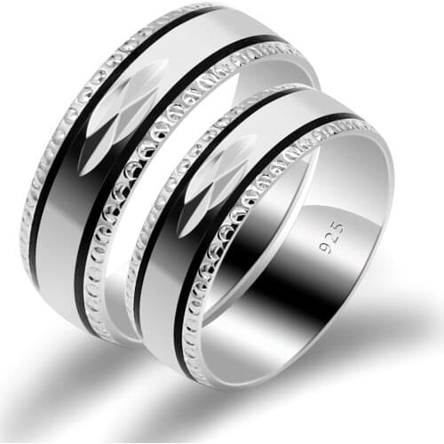 2 pcs/set Couples Rings 925 Sterling Silver Lovers Jewelry Simple Classic Stripe Wedding Band Ring to Husband Wife Gift