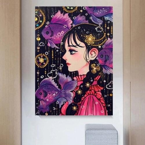 Diamond Embroidery Full square Cute little girl and fish round Diamond picture 5D Diy diamond painting mosaic decor A519