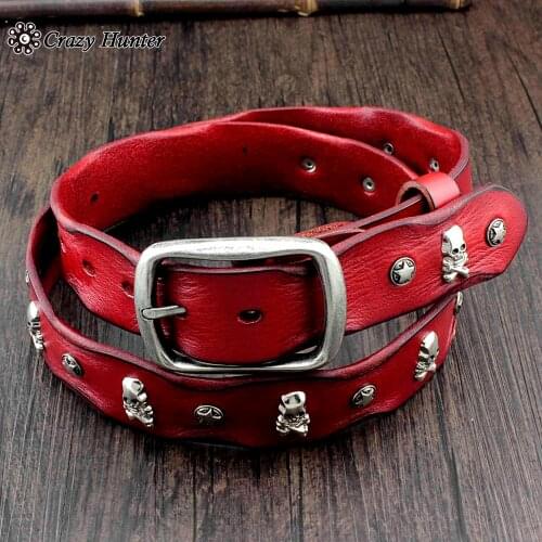 Biker Rock Skull Studded 3.5cm Wide Vintage Red Leather Belt Men/women