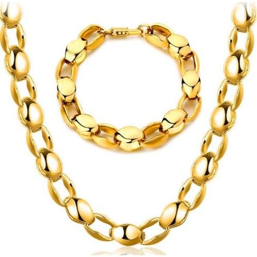 Free Shipping Golden 18 K Chain Necklace Bracelet 8MM Mens Personality Atmosphere Simple Set Two-piece Set