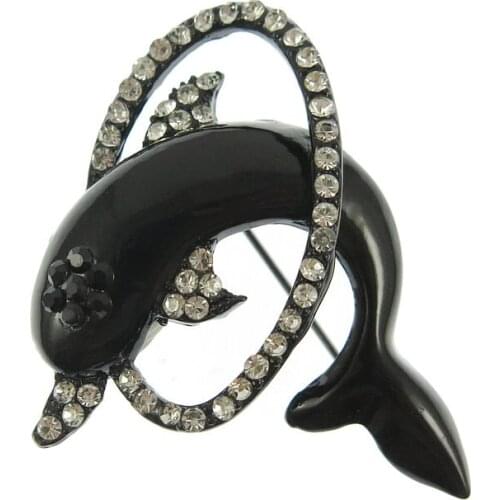 TianBo Vivid Black Dolphin Crystal Brooches Men Womens Party Banquet Brooch Lovely Denim Blouse Backpack Accessories