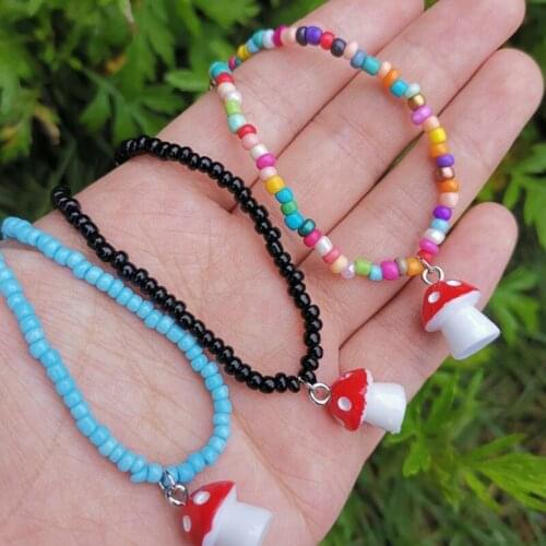 Kawayi Handmade Colorful Beads Chain Mushroom Pendant Necklace for Women Girls Chokers Accessories Fashion 2021 Jewelry Gifts