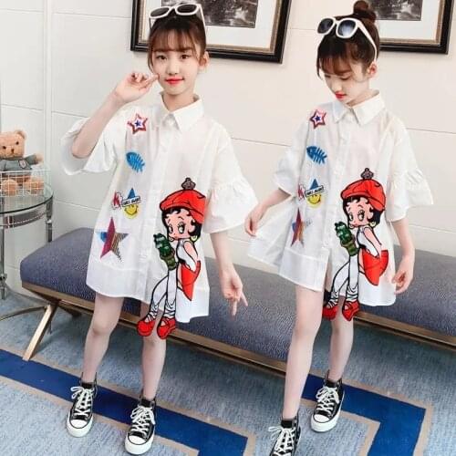 Korean Style Sequins Kids Shirts Teenagers Summer Tops Long Shirts for Girls 2021 Teen White Blouse 6 8 10 12 14 Years Clothes