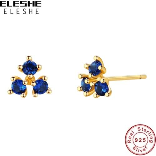 ELESHE Real 925 Sterling Silver Triple Zircon Stud Earrings with 18K Gold Plated Blue CZ Tiny Earrings for Women Fine Jewelry