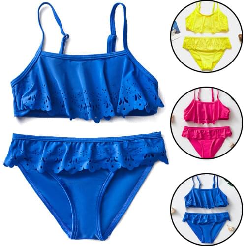 2019 Girls Two-pieces Swimsuit Ruffle Style Girls Swimwear Hollow Kids Childrens Swimwear For 5-14years Girls Swimsuits 9031