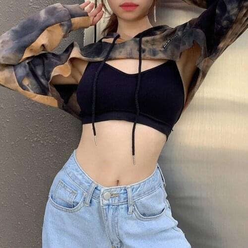 Fashion Tie-dye Long-sleeved Blouse, Autumn Sexy Hollow Hooded Womens Cropped Top, Womens Casual High Street Wear