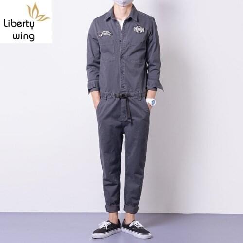 Mens Jumpsuits Cargo Cotton One-Piece Long Sleeve Pants Casual Trousers Clothes Autumn Comfort Loose Rompers Retro Male Overalls
