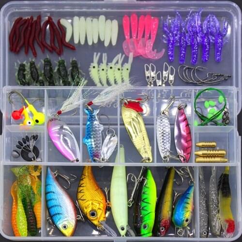 Fishing Lure Kit Criket Shrimp Earthworm VIB Minnow Popper Crank Pencil Spoon Wire Bait Grub Worm Texas Rig Soft Baits