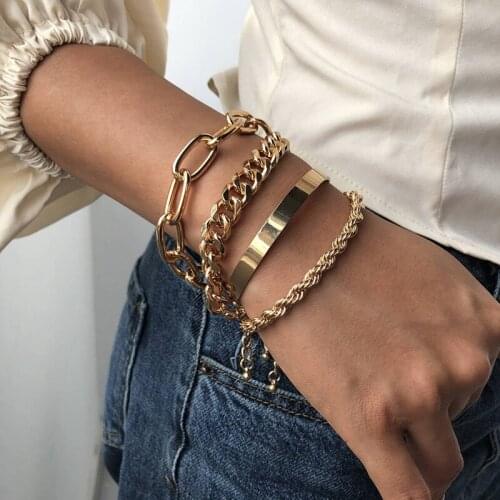 4pcs Punk Curb Cuban Chain Bracelets Set for Women Boho Thick Gold Color Charm Bracelets Bangles Fashion Jewelry