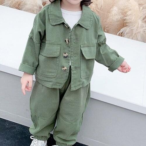 2021 New Korean Girl Clothes Set Spring Autumn Long Sleeve Lapel Jacket + Pants Childrens Clothes Set Autumn Boy Tooling 2Pcs