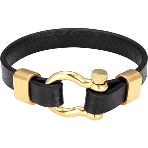 New Fashion Vintage Cowhide Ladies Bracelet Black Genuine Leather Charm Rope Chain Men Stainless Steel Horseshoe Buckle Bangles
