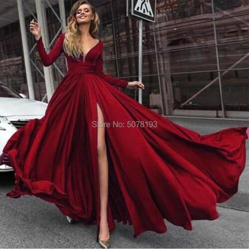 New in V-neck full sleeves A-line floor-length taffeta evenig dresses/gowns zipper&pleat& buttons&right slit free shipping