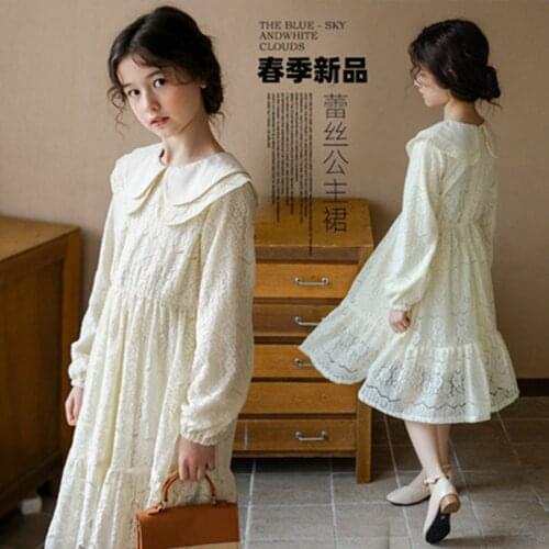 Autumn New Beige Lace Princess Dress For Girls Long Sleeve Solid Childrens Clothing 4-14 Years Teenage Girls Dresses Cute Kids