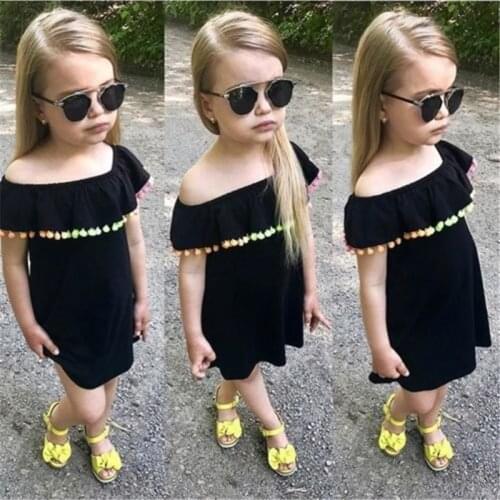 Hot Kids Baby Girls clothes off shoulder Tutu Princess solid tassels Ruffle sleeveless Summer cotton Party Dresses one pieces