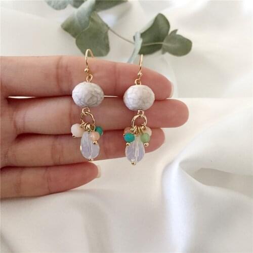 Casual Gold Color Plating Multi Colored Green Bead Dangle Marble Stone Drop Earrings For Women Girl Bohemia Vintage Decoration