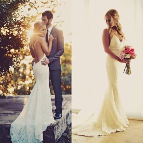 Simple Elegant Lace Bohemian Wedding Dresses 2020 Spaghetti Appliques Sexy Backless Sweep Train Beach Bridal Gowns