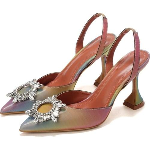 MHYONS Nice Sandals Women CRYSTAL Sun flower Thin High Heels Sandals Vintage Pointed end Elegant Back Strap Ladies Shoes Size 42