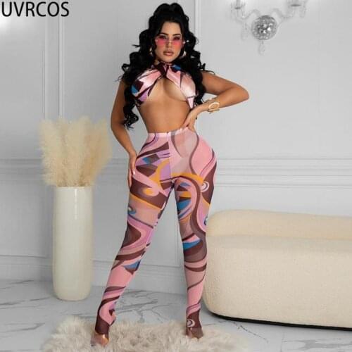 UVRCOS Clothing Set Tracksuit Sets For Women Summer 2021 Sexy Strapless Backless Printing Wrap Top With Leggings Impressos Suits