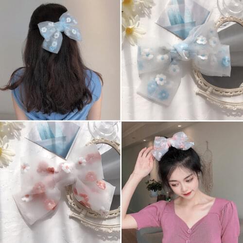 Super Fairy Blue Embroidery Flower Spring Clip Korean Fashion Bow Girls Hair Clip