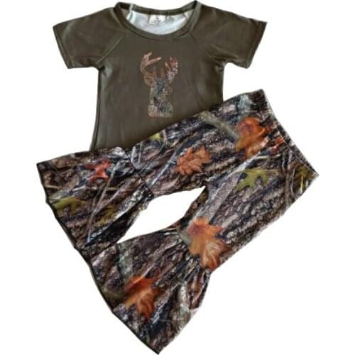 Spring fall new baby clothing Deer Army Green Short Sleeve Top Maple leaf Flare Pants boutique Outfit