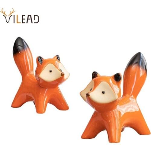 VILEAD 2 Pcs/Set Ceramic Couple Fox Miniature Figurines Modern Animal Decoration Loft Sculpture Statues Home Decor Accessories