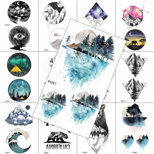 Watercolor Forest Temporary Tattoos For Men Women Sticker Waterproof Tattoo Geometric Moon Start Body Art Drawing Tattoo Paper