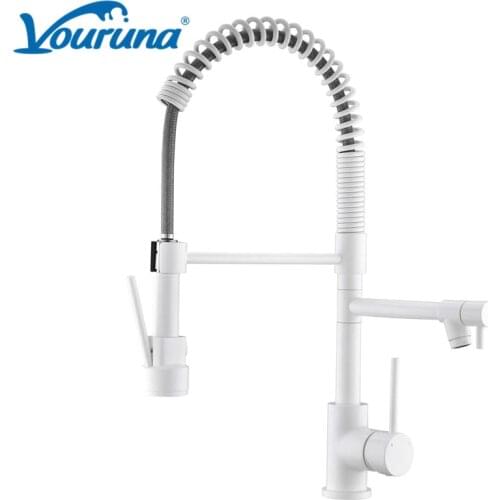 VOURUNA White Pull Down Kitchen Faucet Single Handle High Arc Matte Black Spring Kitchen Sink Mixer Tap Brushed Golden