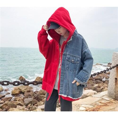 Hooded denim Jacket Women Patchwork Long Sleeve Jean Jackets Loose Denim Coats Casual pocket Streetwear Fashion ladies Outerwear