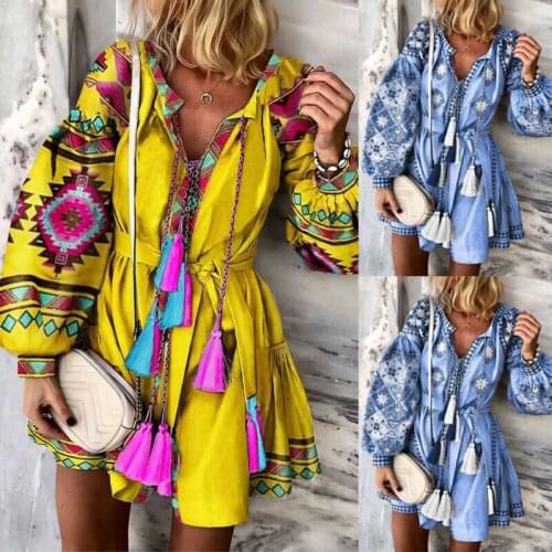 Women Boho Floral Printed Long Sleeve Tassel Short Dress Ladies V Neck Holiday Party Mini Dress Sundress