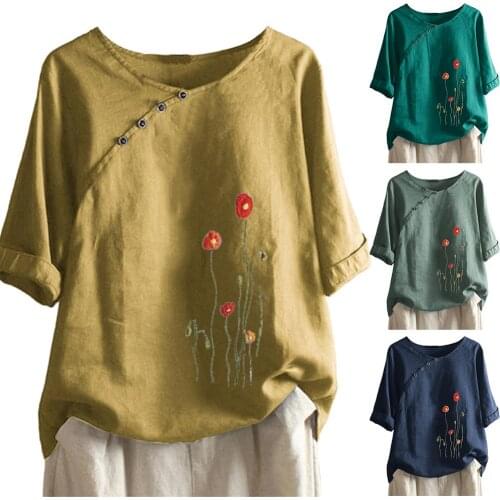 2020 Office Lady Long Sleeve O Neck Floral Embroidery Button Vintage Shirt Blouse Top