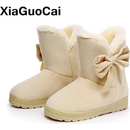 Womens Ankle Boots Winter Warm Shoes Woman Plush Butterfly-knot Slip-On Snow Boots Flock Big Size Female Footwear Ladies Botas