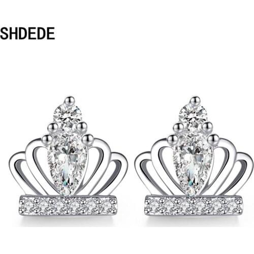 SHDEDE 925 Sterling Silver Stud Earrings for Women Crown Embellished With Crystals From Swarovski Fashion Girl Jewelry -WH19