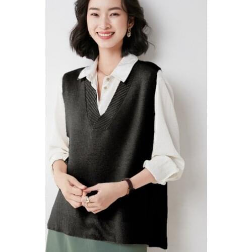 Korean Version of the Spring and Autumn womens V-neck Split Wool Vest Loose Pullover Large Size Irregular Jacket 60116
