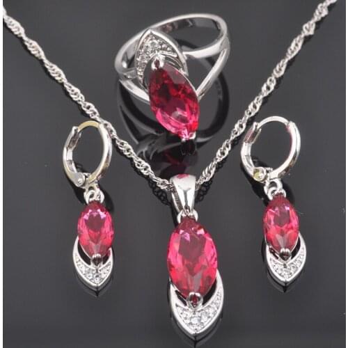 Natural Rose Red Zirconia For Women Wedding Jewelry Silver Color Jewelry Sets Necklace Pendant Earrings Ring QZ0428