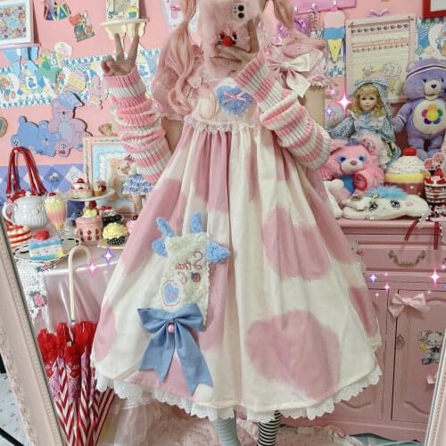 Lolita Dress Womens Kawaii Cow Print Dress Lolita Milk Cute JSK Sleeveless Japanese Harajuku Style Cute Kawaii Sweet Girl