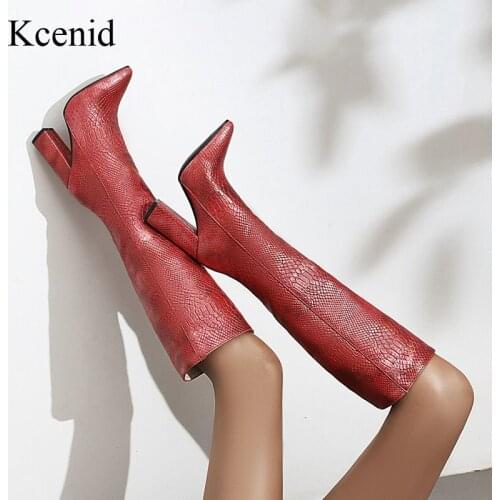 Kcenid Winter boots women thick high heels knee high boots pointed toe ladies shoes western boots female shoes plus size 34-43