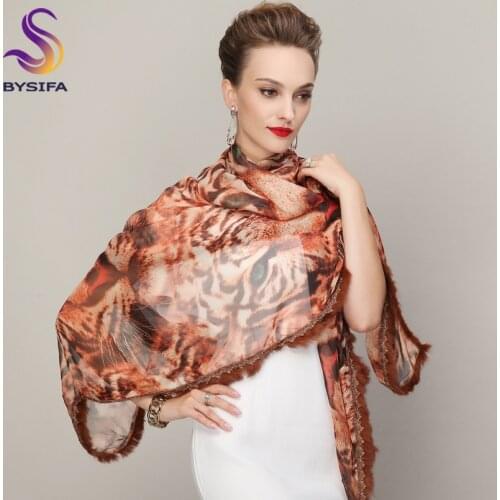 [BYSIFA] Women Genuine Rabbit Fur Scarves Fashion Ladies Chiffon Large Silk Scarf Leopard Printed Winter Warm Neck Scarf Shawl