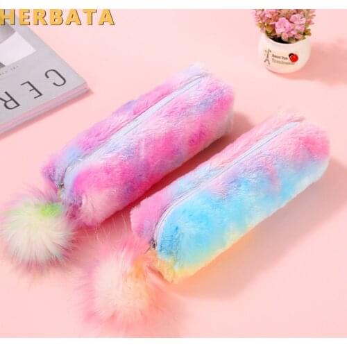 The new rainbow-colored plush large capacity pencil case student stationery pencil pouch plush sequins